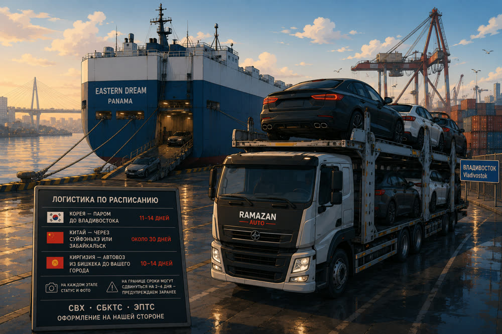 Автовоз TEZAUTO с автомобилями клиентов в порту Владивостока у парома