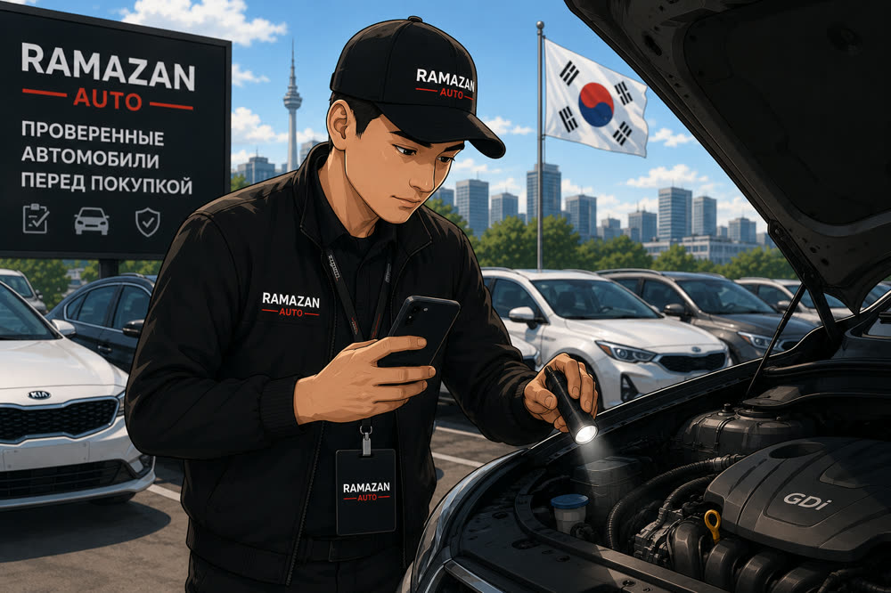Осмотрщик-партнёр TEZAUTO осматривает двигатель на площадке в Южной Корее